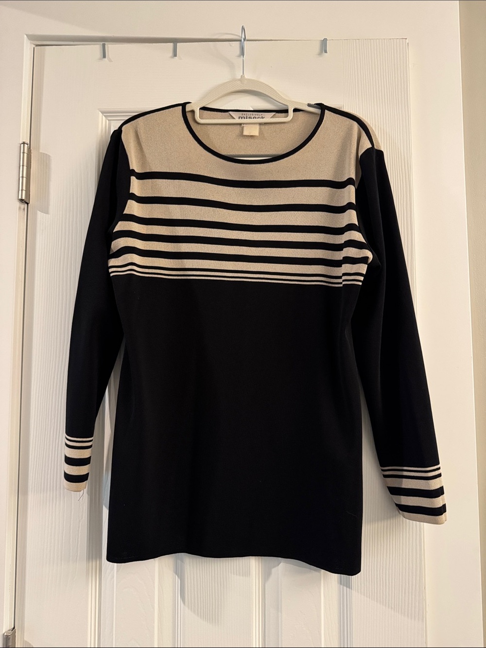 Misook Black and Cream Striped Knit Pullover